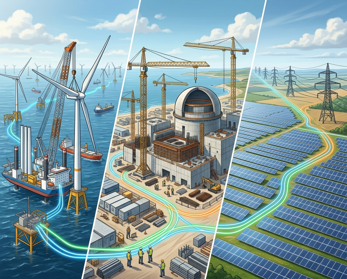 Projets majeurs : nouveaux parcs éoliens/solaires, réacteurs (EPR), interconnexions